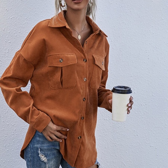 Cozy rust brown Boyfriend fit oversized shacket jacket corduroy - Picture 3 of 5
